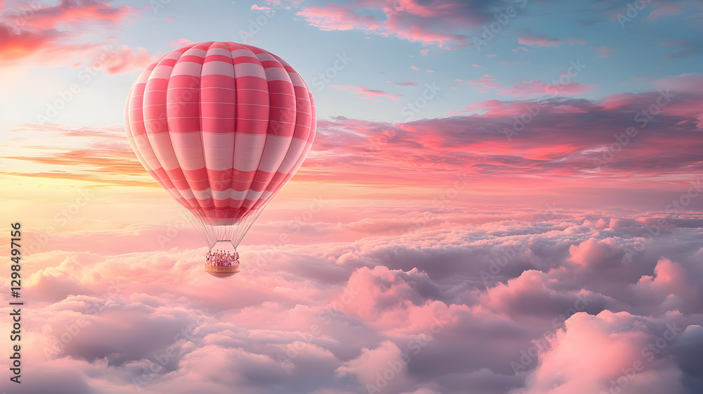 Fototapeta premium Pink hot air balloon soaring above clouds at sunset, travel freedom