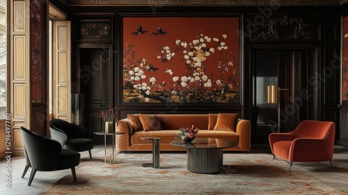 Opulent living room interior featuring a classic floral patterned wall, high-end furniture, and rich color tones for a timeless appeal