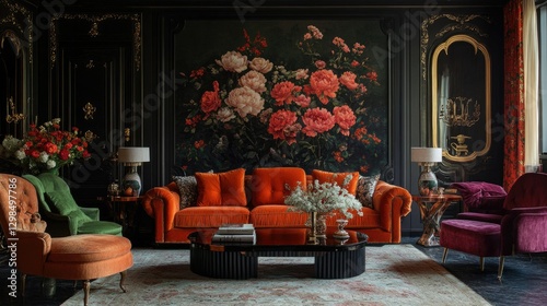 Opulent living room interior featuring a classic floral patterned wall, high-end furniture, and rich color tones for a timeless appeal