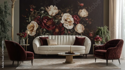 Opulent living room interior featuring a classic floral patterned wall, high-end furniture, and rich color tones for a timeless appeal
