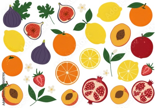 Colorful fruit illustrations, flat design, vibrant colors, white background, diverse fruits, figs, oranges, lemons, strawberries, peaches, pomegranates, leaves, flowers, top-down