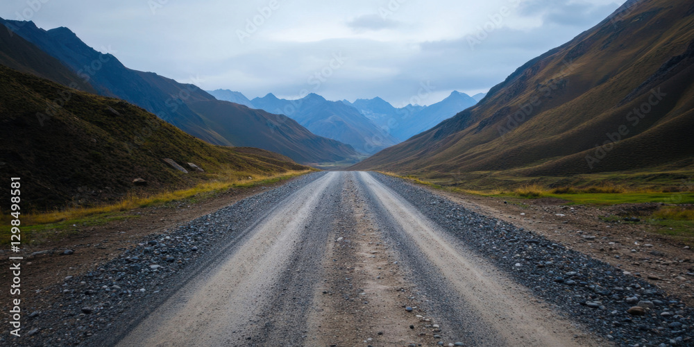 Fototapeta premium rugged road stretches through majestic mountains, surrounded by nature beauty. scene evokes sense of adventure and exploration in remote landscape