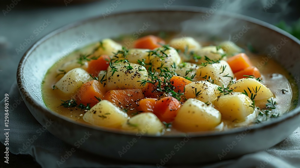 A warm, hearty soup featuring potatoes and carrots, garnished with fresh herbs, steaming in a rustic bowl, perfect for comfort food lovers. A warm, hearty soup featuring potatoes and carrots, garnished with fresh herbs, steaming in a rustic bowl, perfect for comfort food lovers.