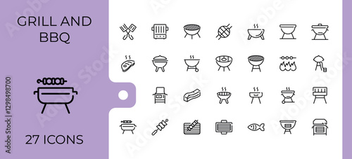 Grill And Bbq icons set in linear style. Contains linear outline icons like gas, ribs, fork, smoke, restaurant, meat, barbeque and more. Line with editable stroke. Vector illustration.