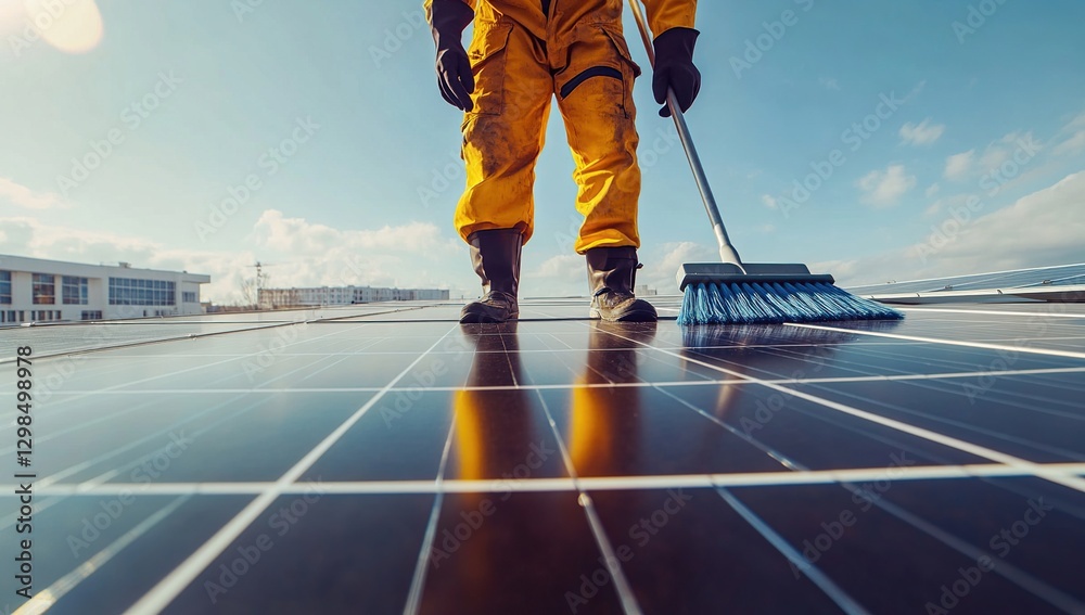 Obraz premium Worker in Yellow Suit Cleaning Solar Panels on a Rooftop