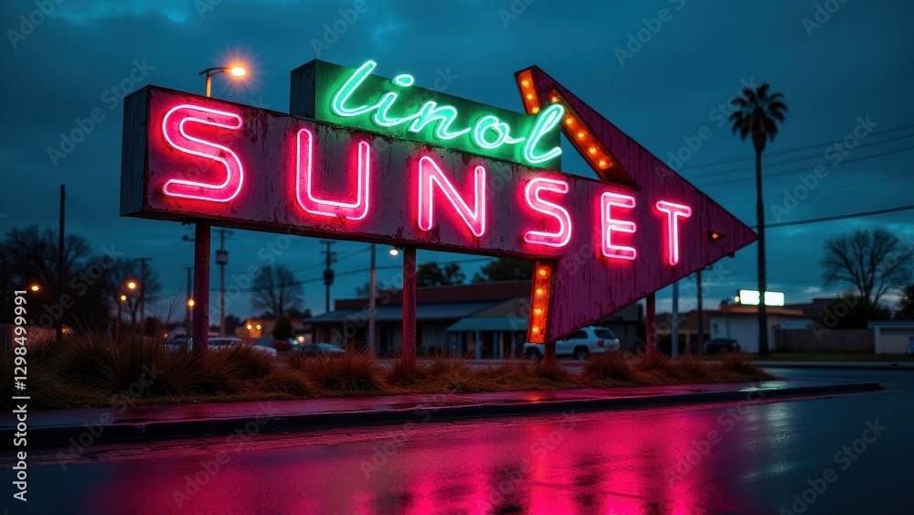 Motel neon sign, Retro motel sign in magenta green cyan glowing urban night skyline wet asphalt reflections angled shot bokeh. Motel neon sign, Retro motel sign in magenta green cyan glowing urban night skyline wet asphalt reflections angled shot bokeh.