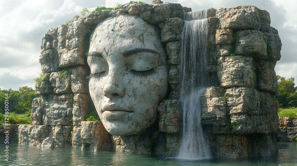 Obraz premium A stunning stone sculpture of a serene face integrated into a rocky waterfall, surrounded by nature and water, creating a tranquil atmosphere.