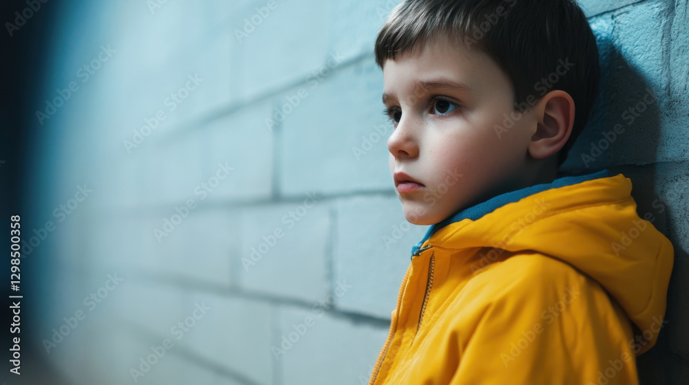 child in yellow jacket looks pensive against blue wall, evoking sense of sadness and contemplation child in yellow jacket looks pensive against blue wall, evoking sense of sadness and contemplation