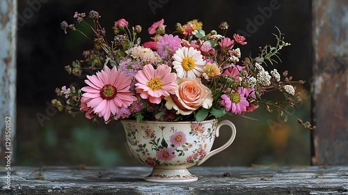 Vase with colorful flowers on a table beside a vintage teacup with delicate floral arrangement