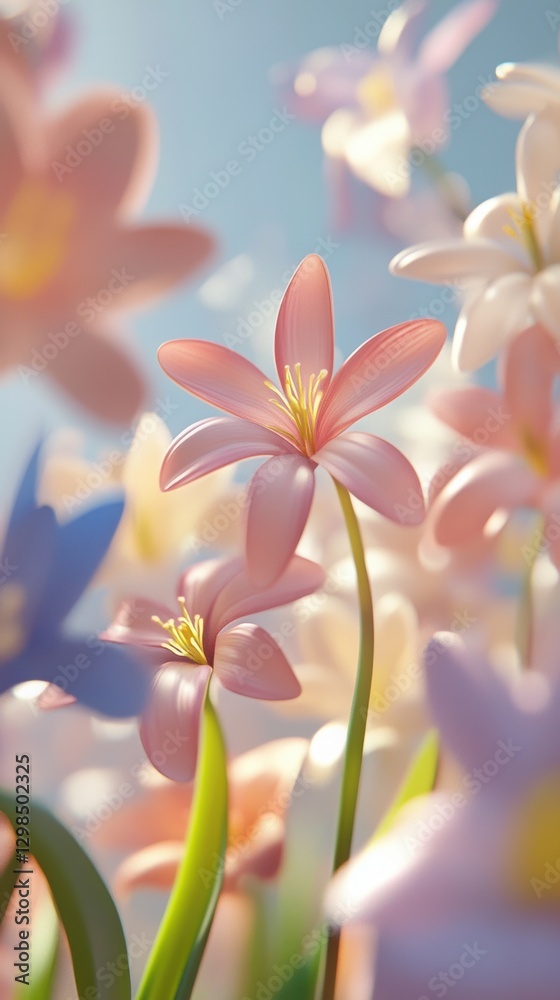Fototapeta premium Dreamy floating spring flowers in soft pastel tones with elegant light reflections. Generative AI