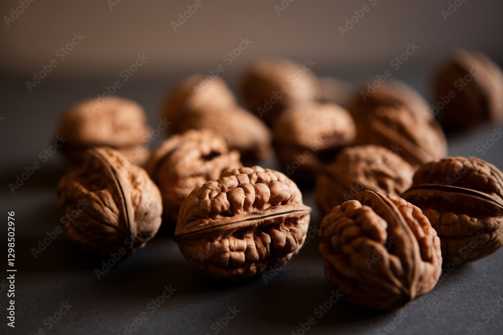 A close-up of brown walnuts on a dark surface, showcasing their textured shells and rich details. A close-up of brown walnuts on a dark surface, showcasing their textured shells and rich details.