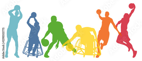Silhouettes of basketball players.Set of professional basketball players and basketball players in wheelchairs. Adaptive sport concept.Horizontal banner for sports schools.Vector illustration.