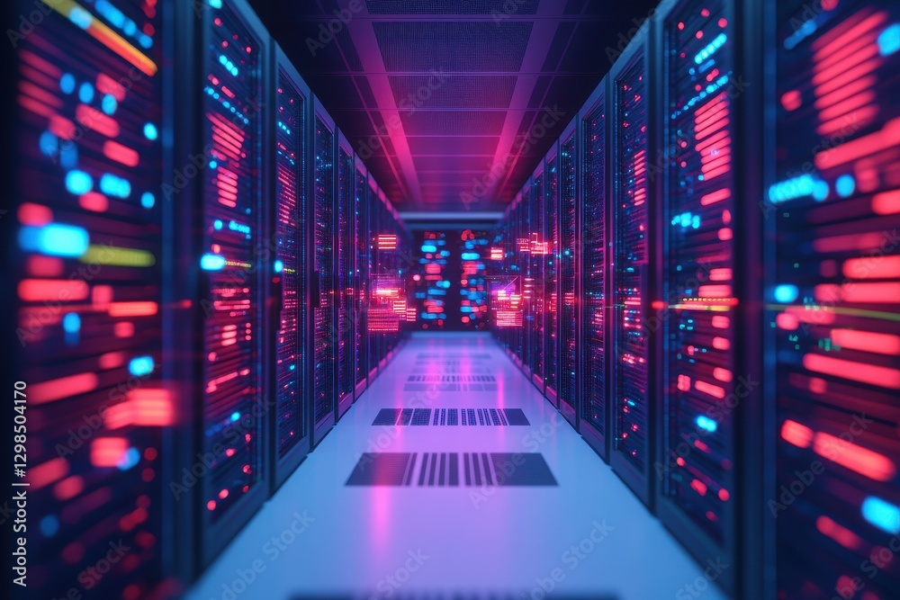 A vibrant data center scene displaying colorful server racks with glowing lights, emphasizing modern computing and connectivity. A vibrant data center scene displaying colorful server racks with glowing lights, emphasizing modern computing and connectivity.