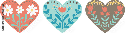 Set of three decorative hearts isolated on white. Elements with floral pattern in bohemian style	