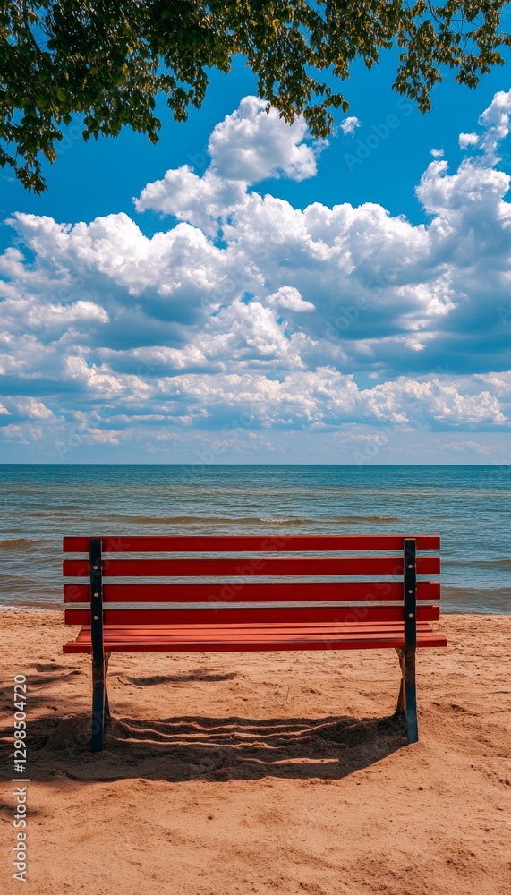 Fototapeta premium Red Bench on Sandy Beach, Inviting Cloudscape, Tranquil Ocean View, Summertime Relaxation