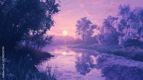 A serene river reflecting the soft purples and pinks a setting sun