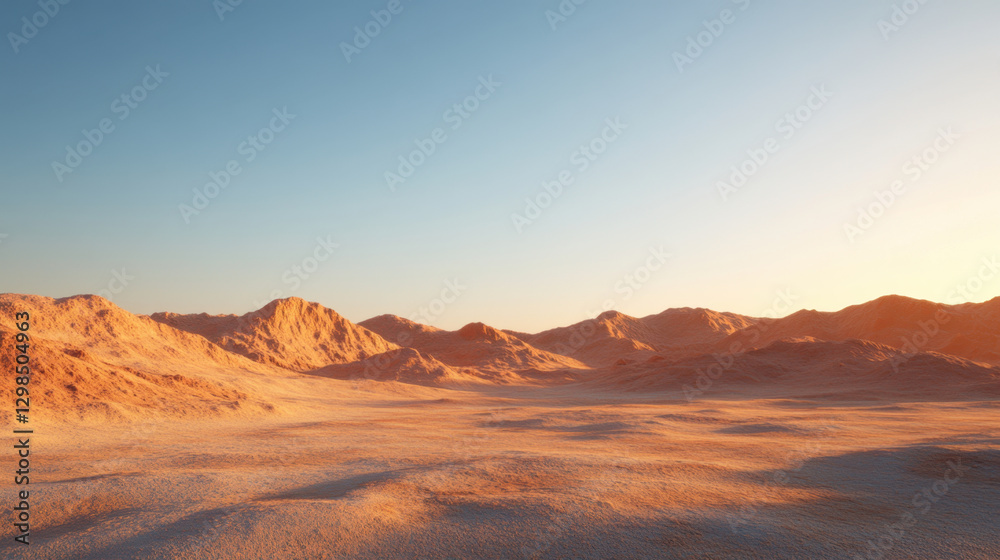 Fototapeta premium vast desert landscape with rolling sand dunes and mountains under clear blue sky, evoking sense of tranquility and isolation