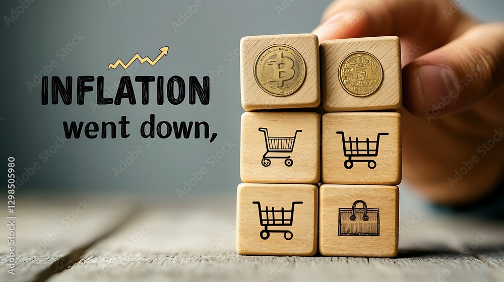 Inflation Decrease Concept with Wooden Blocks, A hand arranges wooden blocks with icons of shopping carts and dollar signs Inflation Decrease Concept with Wooden Blocks, A hand arranges wooden blocks with icons of shopping carts and dollar signs