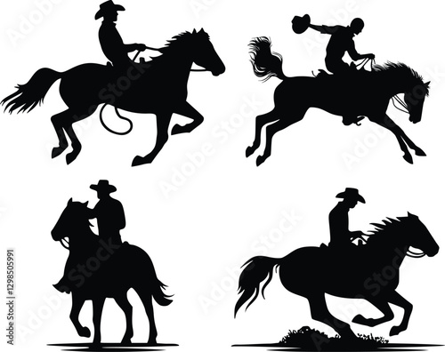 Cowboy silhouette in mid-air on a powerful bucking horse, Western hat clearly visible, showcasing the thrill of rodeo, wild west culture, and dynamic motion in an action-packed composition.