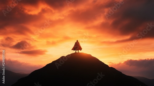 Heroic Silhouette on a Mountain Peak at Sunset