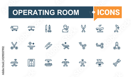 Operating Room line icons. It contains symbols to head, knee, up, doctor, side view, patient, technology, lying. Collection for mobile and web apps. Solid line editable vector illustration.