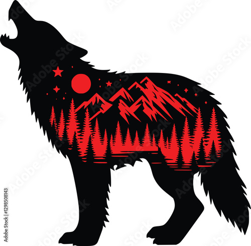 Howling wolf silhouette featuring a winter landscape with snow-capped mountains and pine trees inside, artistic double exposure vector.