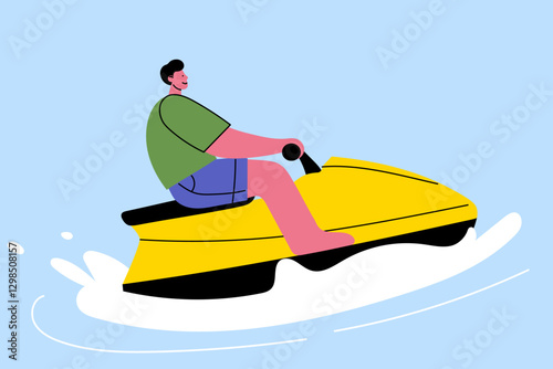 Man riding a jet ski on water.  Summer vacation, water sports, outdoor adventure, fun activity, sea waves, extreme sports, beach holiday, jet ski rider, leisure, recreational boating.