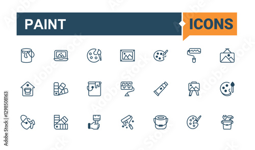 Paint icon set. Includes thin line palette, draw, roll, bucket, artistic, brush, sketch, paintbrush. Outline symbol collection. Outline and solid pictogram.