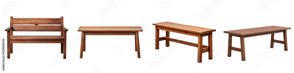 Assortment of wooden furniture items including tables benches and chairs in various styles such as modern rustic and classic for home office or outdoor living space decor