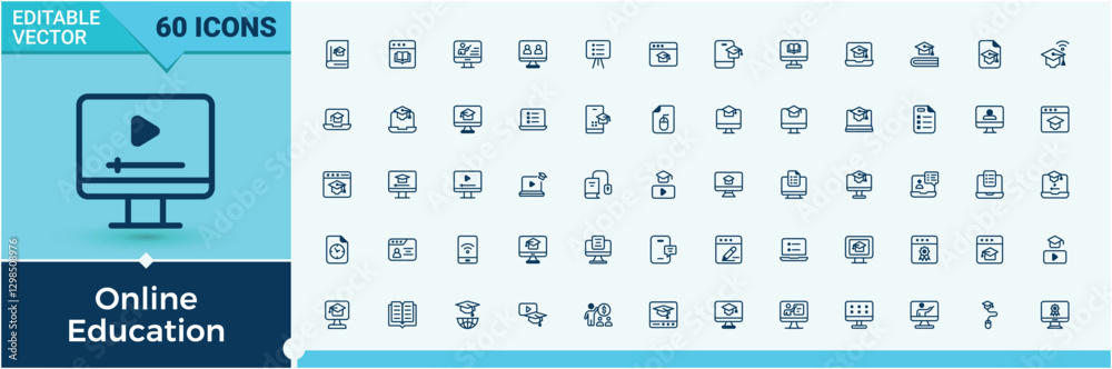 Online Education icon. Contain linear outline icons lesson, teacher, digital, graduation, test, website and more. Thin outline icons pack. Solid line editable vector illustration. Online Education icon. Contain linear outline icons lesson, teacher, digital, graduation, test, website and more. Thin outline icons pack. Solid line editable vector illustration.