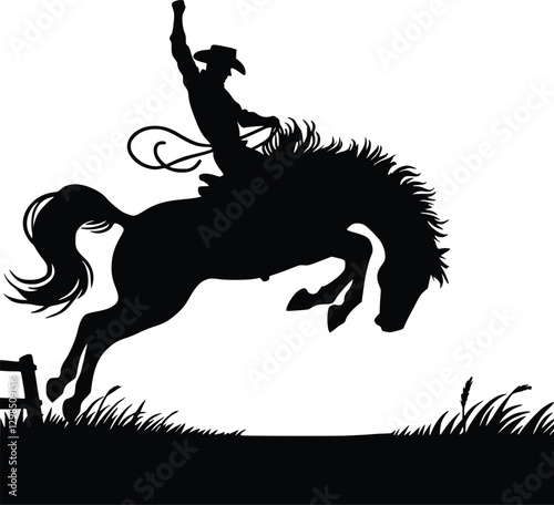 Clean and bold silhouette illustration of a rodeo cowboy riding a bucking bronco, arm raised for balance at the peak of the buck. Simple black shapes on a white backdrop