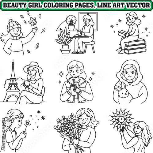 Beauty girl coloring pages, bold and easy coloring page, line art vector illustration