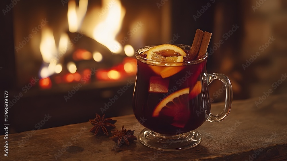 Fototapeta premium Warm and cozy drink served in a glass with cinnamon and orange, glowing fireplace in the background, perfect for winter evenings.