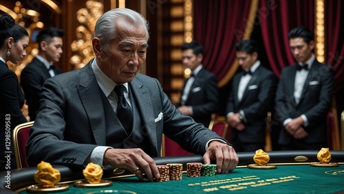 In a luxurious casino setting, a seasoned player contemplates his next move at a poker table surrounded by attentive competitors in formal attire, highlighting the intensity of the gameplay