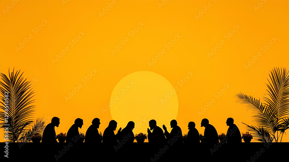 Fototapeta premium Silhouettes of People Against Vibrant Sunset with Palm Leaves