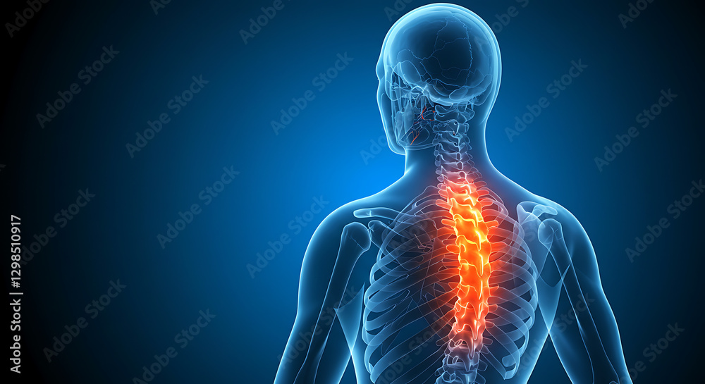 A digital representation of a human spine with highlighted areas indicating pain or medical issues, suitable for educational and medical use
A digital representation of a human spine with highlighted areas indicating pain or medical issues, suitable for educational and medical use
