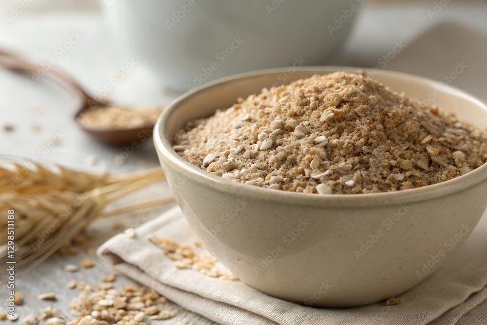 Minimalistic photo of a ceramic bowl filled with wheat bran, extreme close-up showcasing rough textures, softly blurred background. Minimalistic photo of a ceramic bowl filled with wheat bran, extreme close-up showcasing rough textures, softly blurred background.