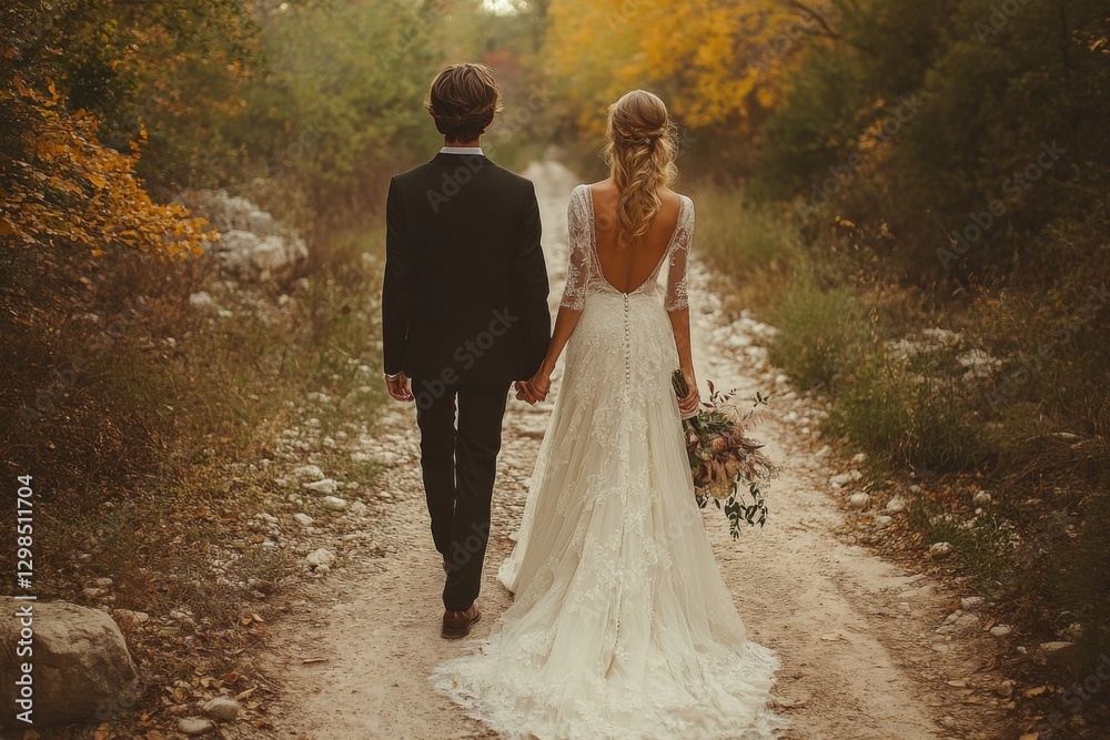 Couple Walking Down Rustic Path Couple Walking Down Rustic Path