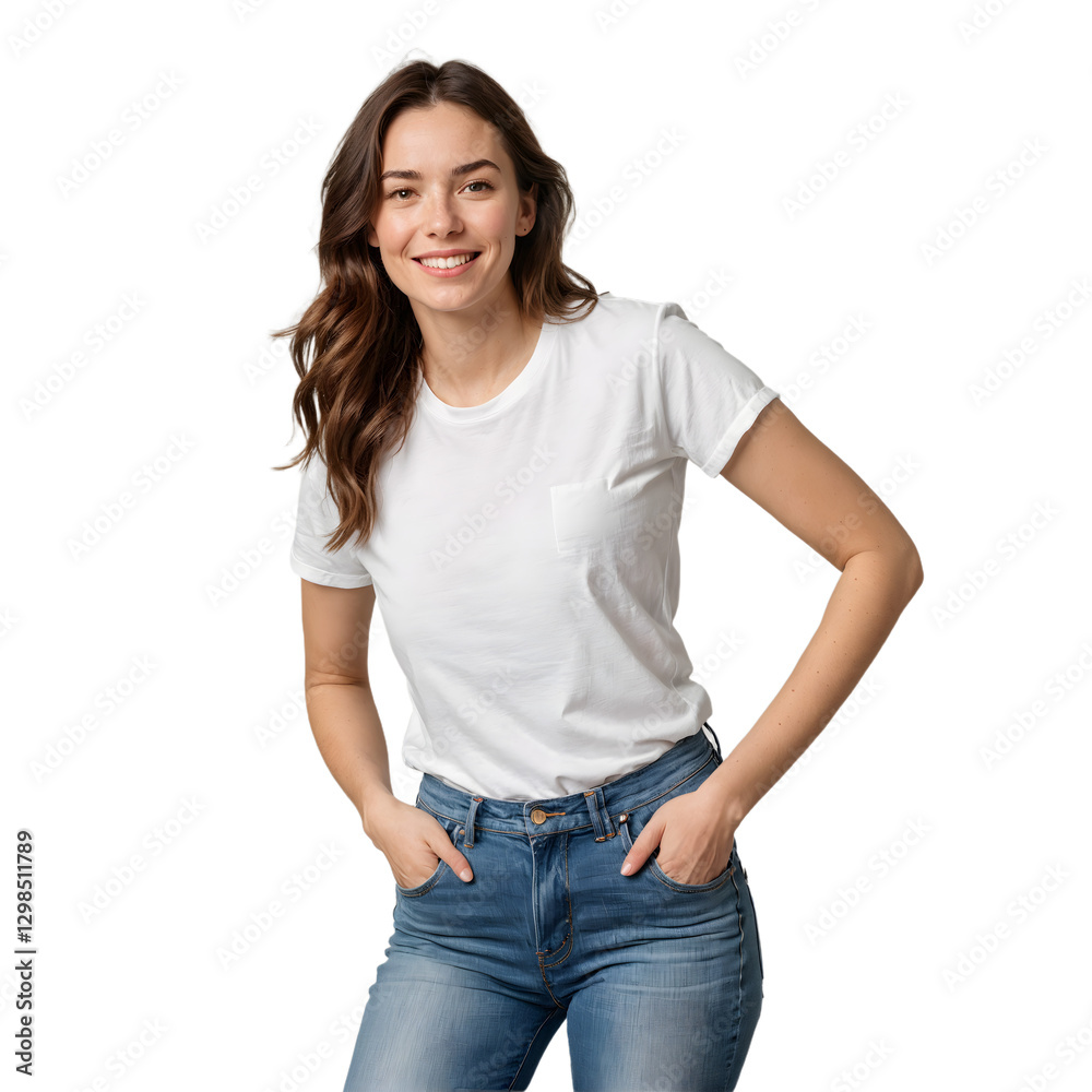 Fototapeta premium A young woman wearing plain white t-shirt, mock-up.