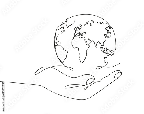 Minimalist continuous one line drawing of Earth held in hands with a plant, symbolizing World Environment Day vector.