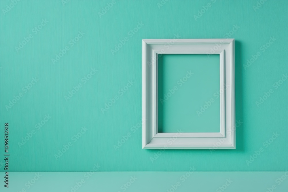 An empty white picture frame hangs against a teal wall backdrop An empty white picture frame hangs against a teal wall backdrop