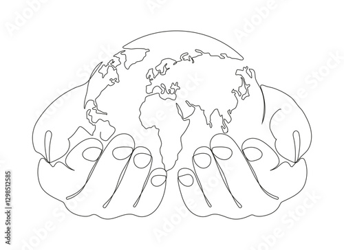 Minimalist continuous one line drawing of Earth held in hands with a plant, symbolizing World Environment Day vector.
