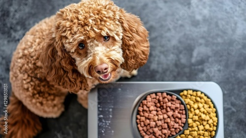 A fluffy brown dog sitting next to a bowl filled with kibble, looking up with a friendly expression. Concept Fluffy Brown Dog, Kibble Bowl, Friendly Expression, Adorable Pets, Animal Photography
