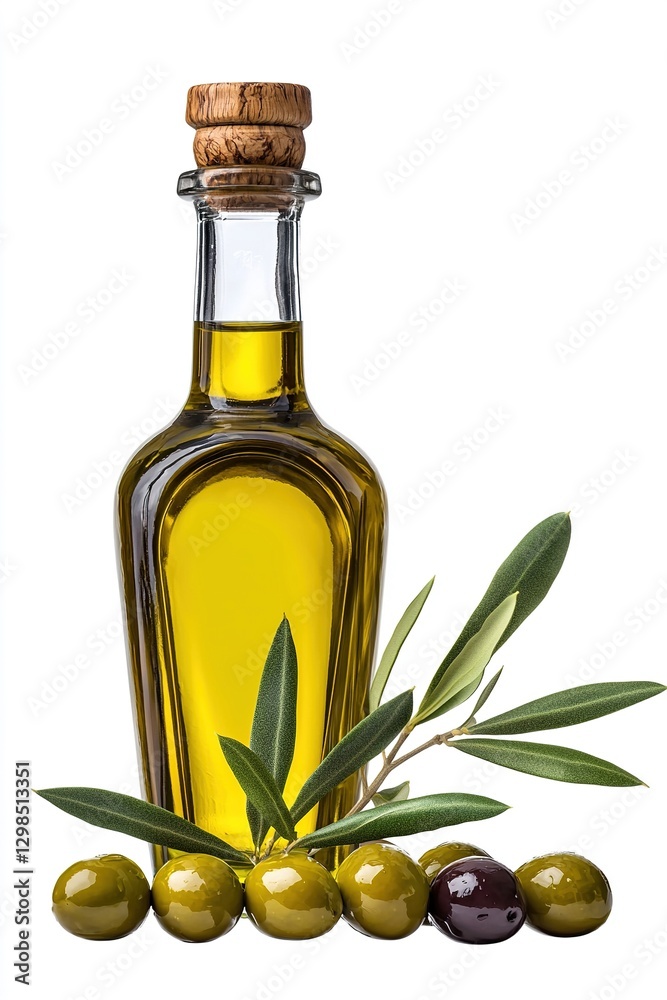 Bottle of olive oil, olives and olive tree branch isolated on white. Generative Ai Bottle of olive oil, olives and olive tree branch isolated on white. Generative Ai