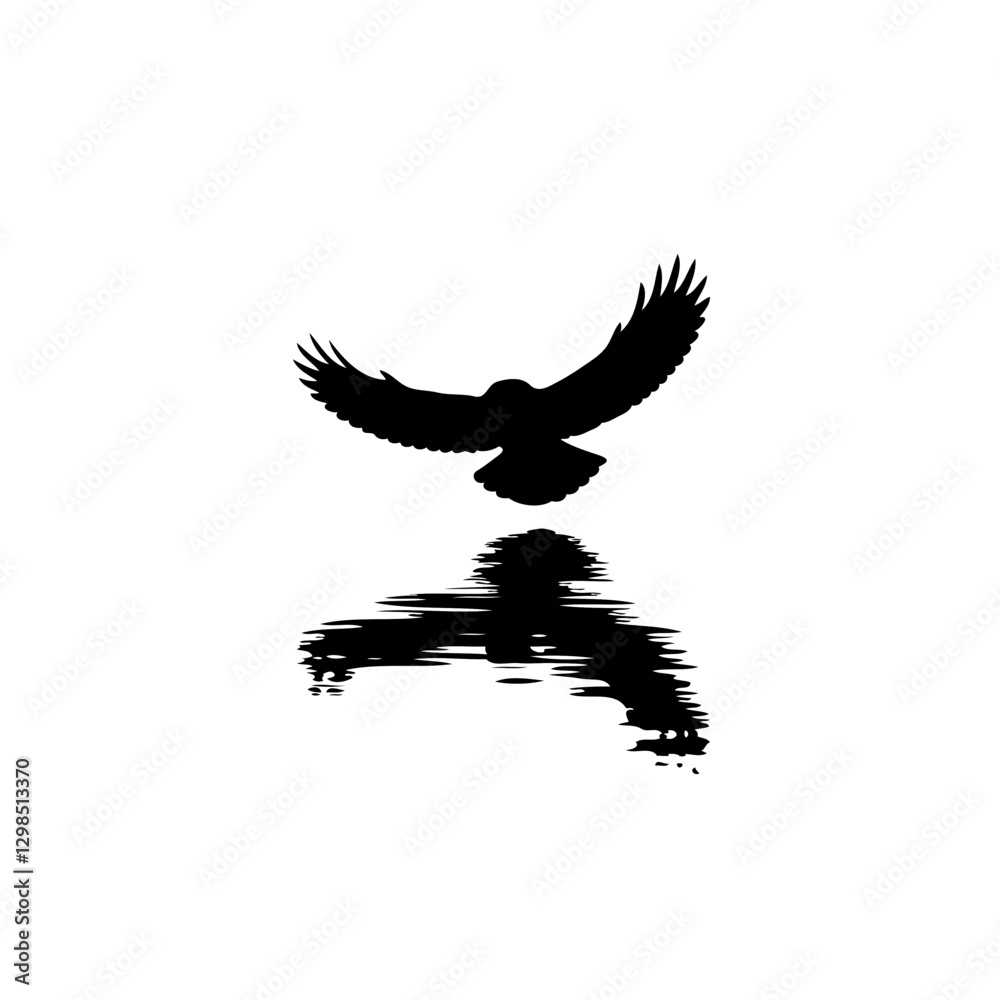 Fototapeta premium In this striking black-and-white artwork, the silhouette of an eagle in flight dominates the scene, its wings spread wide in a dramatic display of power and grace. Flying low over the water, the eagle