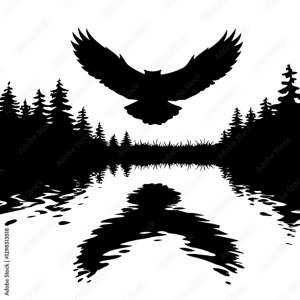Obraz premium In this evocative black and white artwork, the soaring silhouette of an eagle captures the essence of freedom and power, its wings spread wide as it glides effortlessly through the twilight skies. The