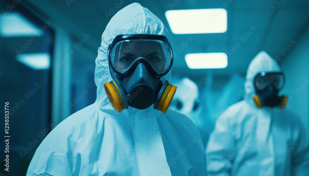 Protective suits and masks worn by individuals in sterile environment, emphasizing safety and hygiene. scene conveys sense of urgency and caution in industrial setting Protective suits and masks worn by individuals in sterile environment, emphasizing safety and hygiene. scene conveys sense of urgency and caution in industrial setting