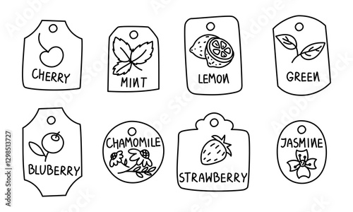 set of tea labels with different flavors. It is suitable for use in tea packaging design, product branding, marketing materials and culinary blogs, as well as in the production of tea products.