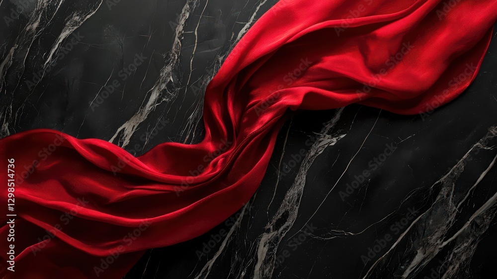 Obraz premium Elegant crimson silk drapes over glossy black marble with subtle white veins in dramatic lighting