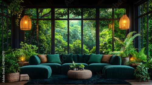 Fototapeta Naklejka Na Ścianę i Meble -  Lush jungle view from a relaxing indoor lounge